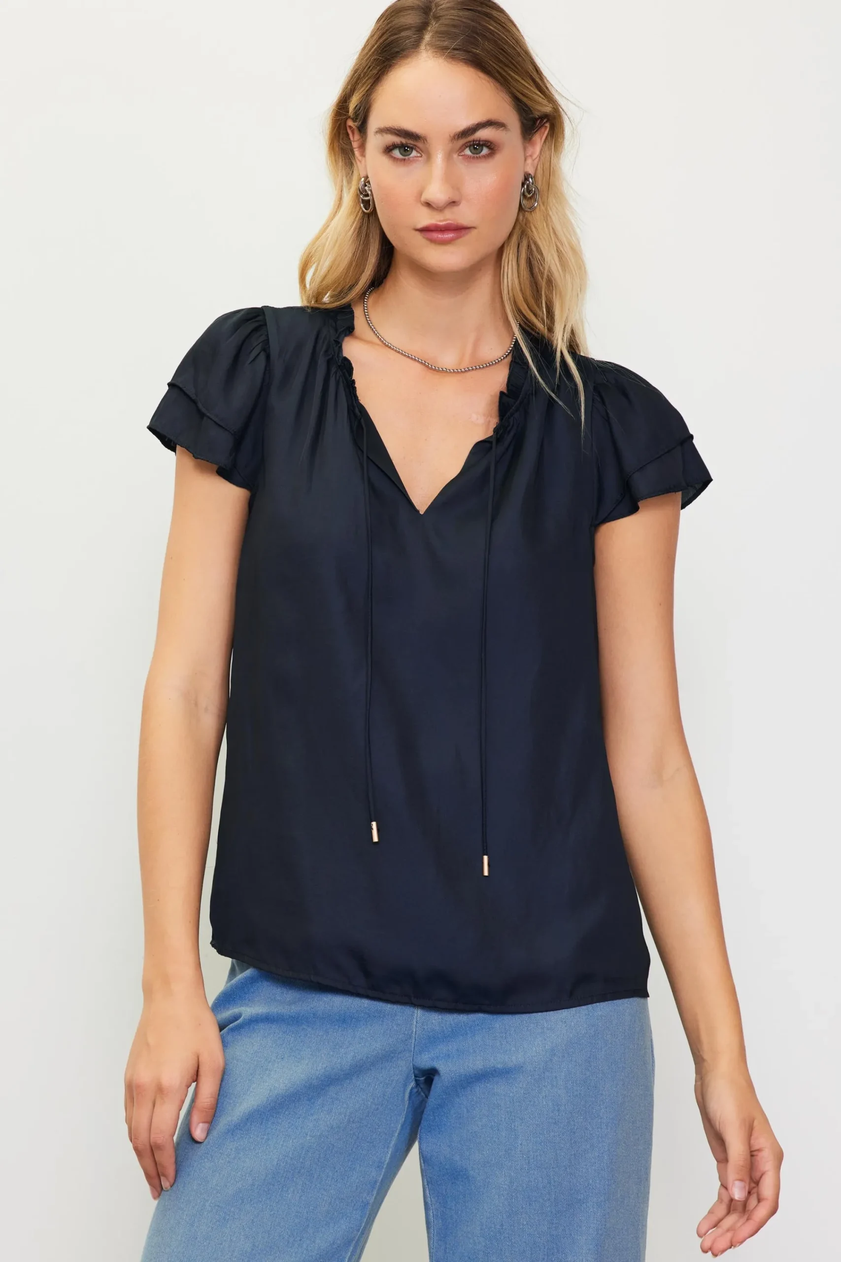 SKIES ARE BLUE Satin Ruffled Detail Top* Short Sleeve Tops