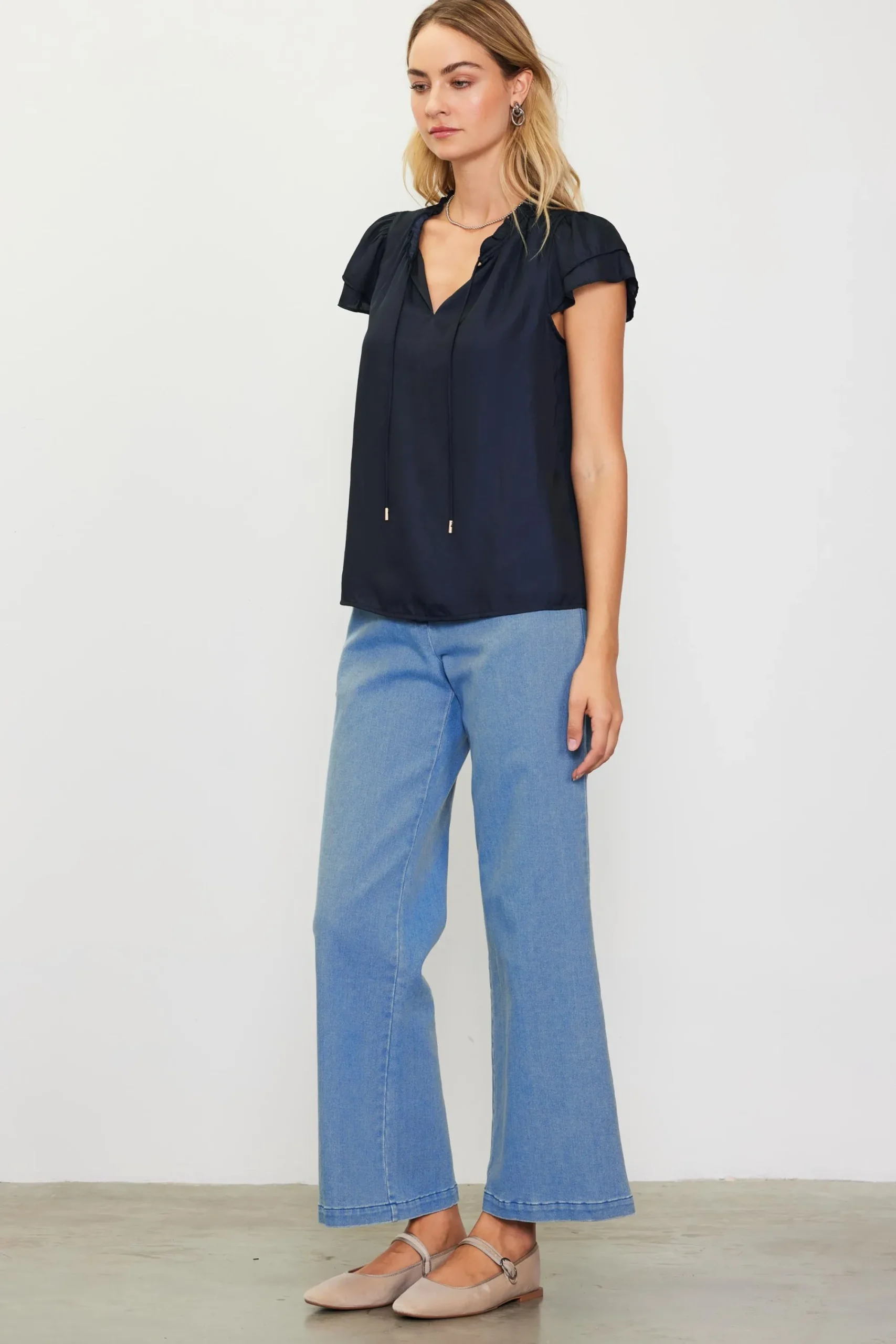 SKIES ARE BLUE Satin Ruffled Detail Top* Short Sleeve Tops