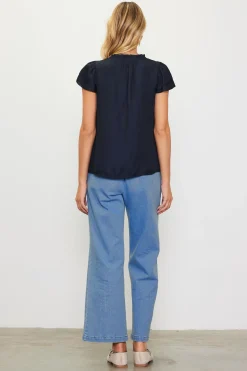 SKIES ARE BLUE Satin Ruffled Detail Top* Short Sleeve Tops