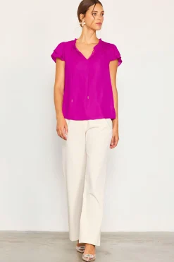 SKIES ARE BLUE Satin Ruffled Detail Top* Short Sleeve Tops