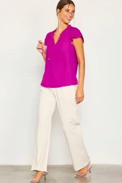 SKIES ARE BLUE Satin Ruffled Detail Top* Short Sleeve Tops