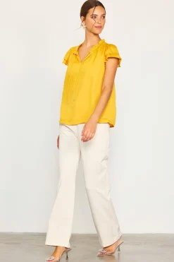 SKIES ARE BLUE Satin Ruffled Detail Top* Short Sleeve Tops