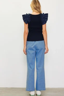 SKIES ARE BLUE Shirred Ruffle Sleeve Ribbed Sweater* Sleeveless Tops