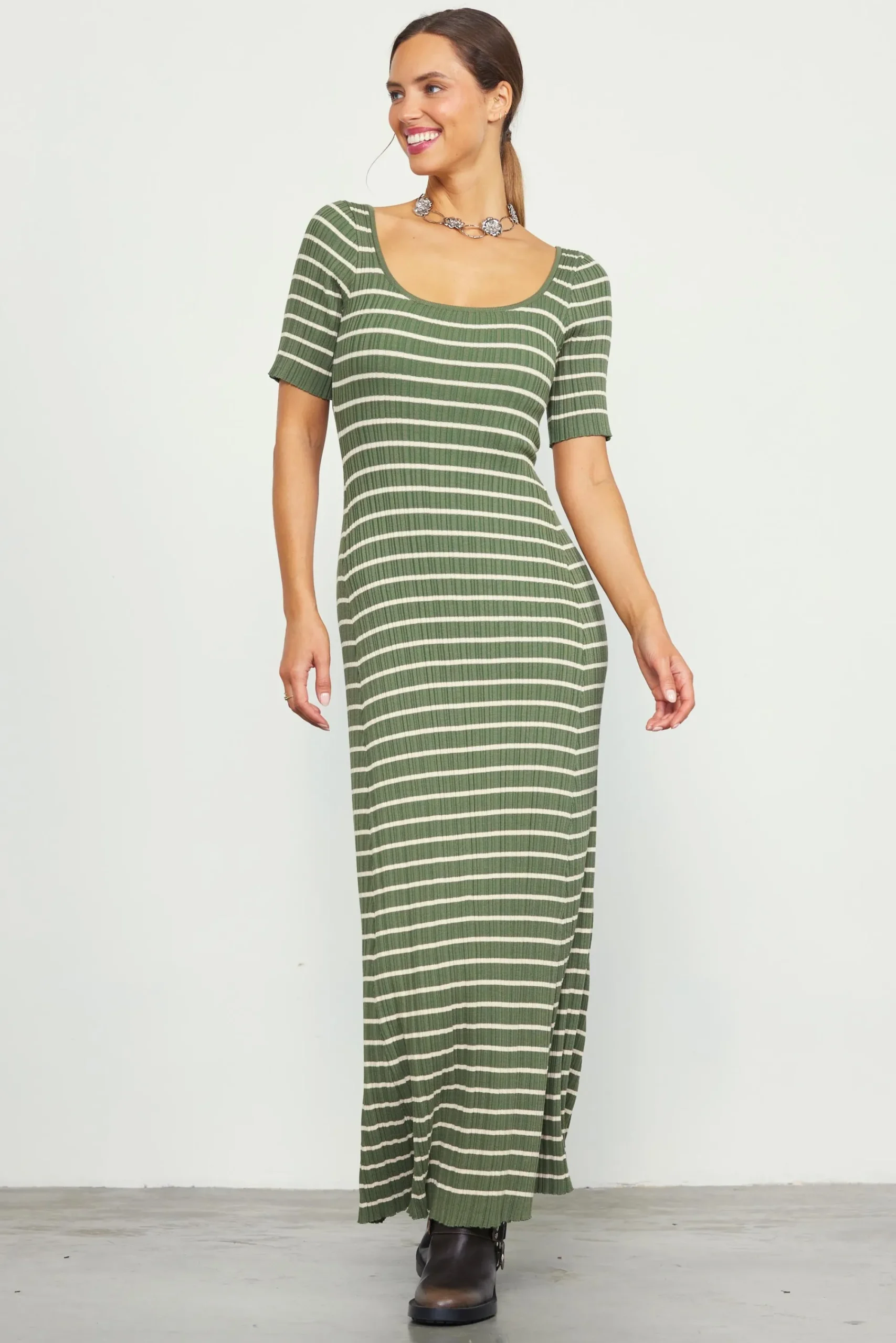 SKIES ARE BLUE Short Sleeve Striped Knit Maxi Dress* Maxi Dresses