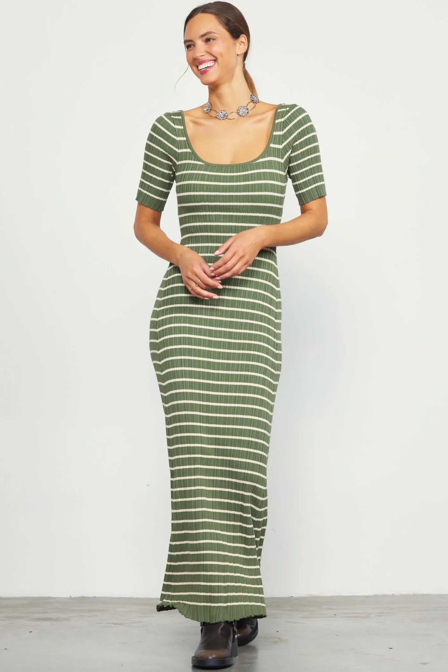SKIES ARE BLUE Short Sleeve Striped Knit Maxi Dress* Maxi Dresses