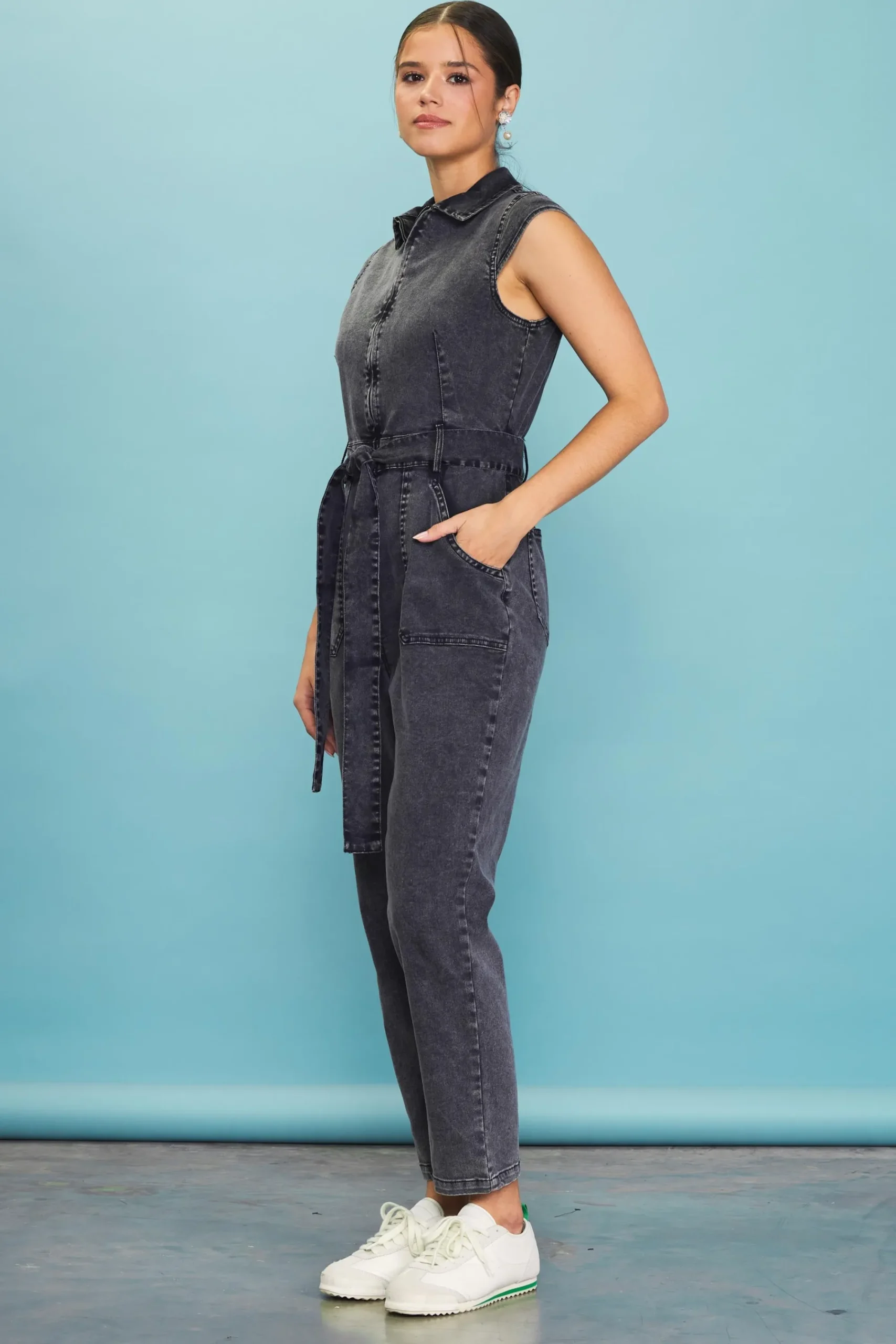 SKIES ARE BLUE Sleeveless Washed Denim Jumpsuit* Jumpsuits