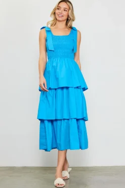 SKIES ARE BLUE Smocked Bodice Ribbon Detail Tiered Midi Dress* Midi Dresses