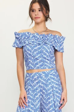 SKIES ARE BLUE Smocked Off Shoulder Ruffle Top* Short Sleeve Tops
