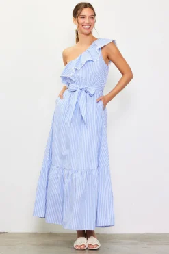 SKIES ARE BLUE Striped One Shoulder Ruffle Dress* Maxi Dresses