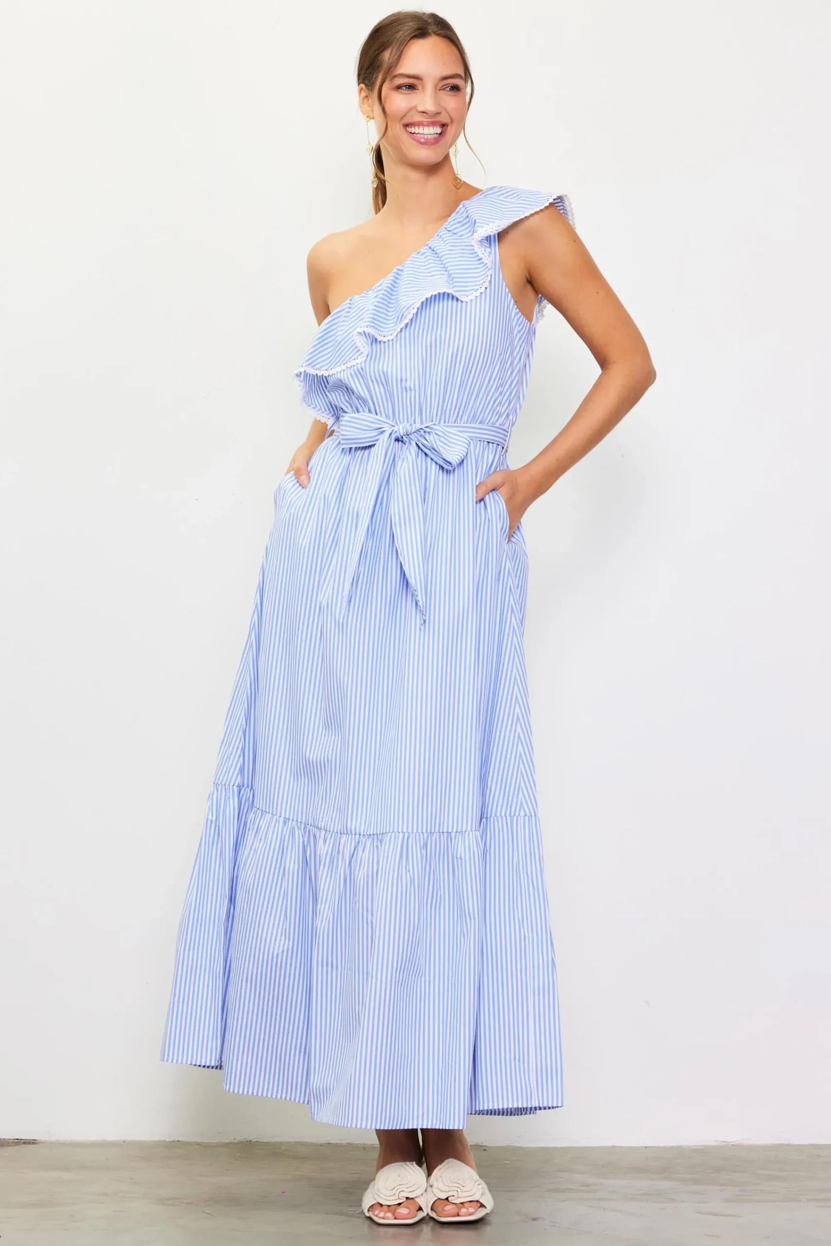SKIES ARE BLUE Striped One Shoulder Ruffle Dress* Maxi Dresses