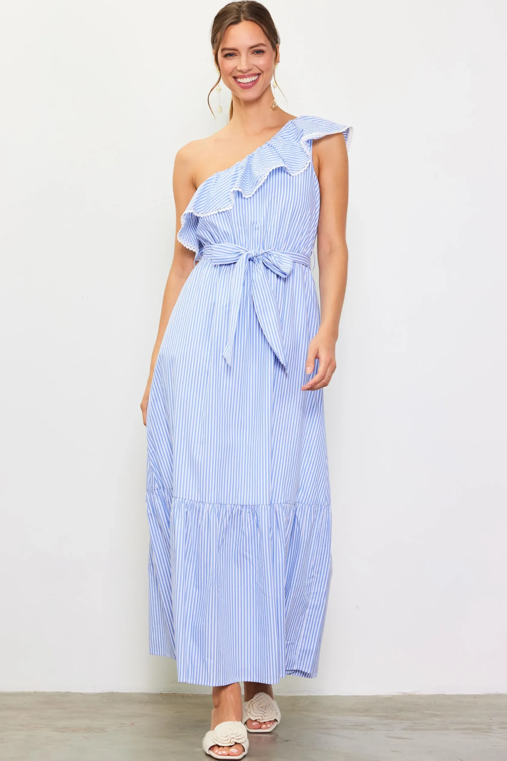 SKIES ARE BLUE Striped One Shoulder Ruffle Dress* Maxi Dresses