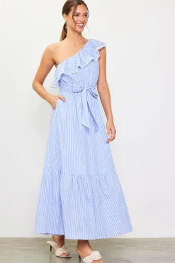 SKIES ARE BLUE Striped One Shoulder Ruffle Dress* Maxi Dresses