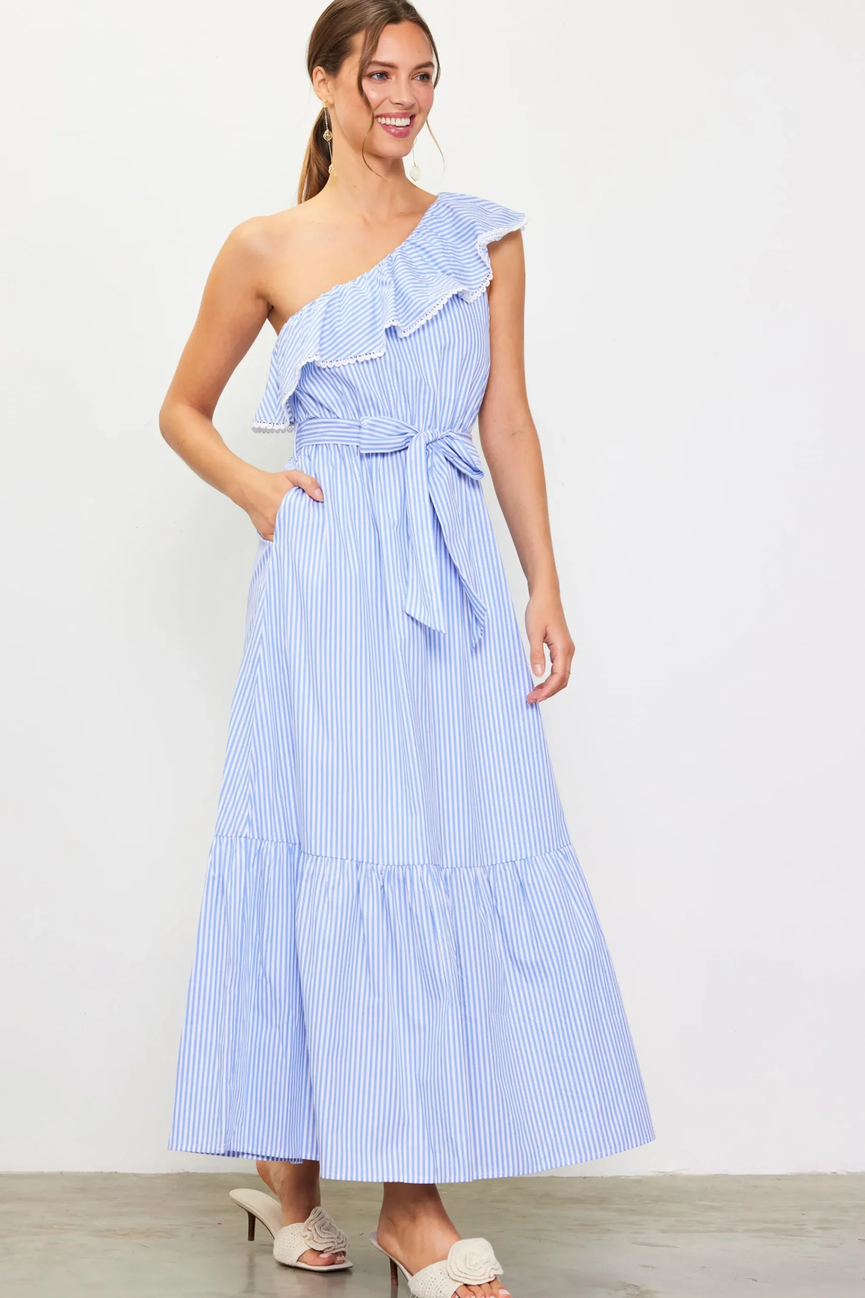 SKIES ARE BLUE Striped One Shoulder Ruffle Dress* Maxi Dresses