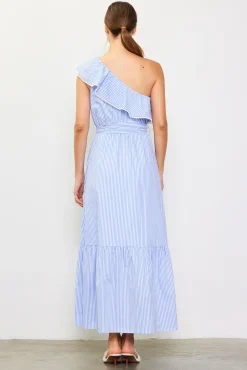 SKIES ARE BLUE Striped One Shoulder Ruffle Dress* Maxi Dresses