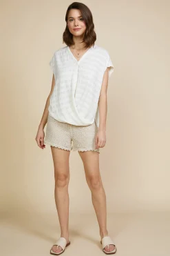 SKIES ARE BLUE Textured Striped Buttoned Top* Short Sleeve Tops