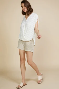 SKIES ARE BLUE Textured Striped Buttoned Top* Short Sleeve Tops