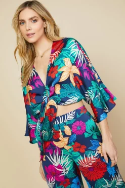 SKIES ARE BLUE Tropical Front Tie Kimono* Long Sleeve Tops