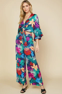 SKIES ARE BLUE Tropical Front Tie Kimono* Long Sleeve Tops