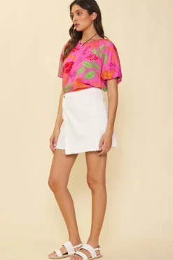 SKIES ARE BLUE Tropical Print Bubble Sleeve Top* Short Sleeve Tops