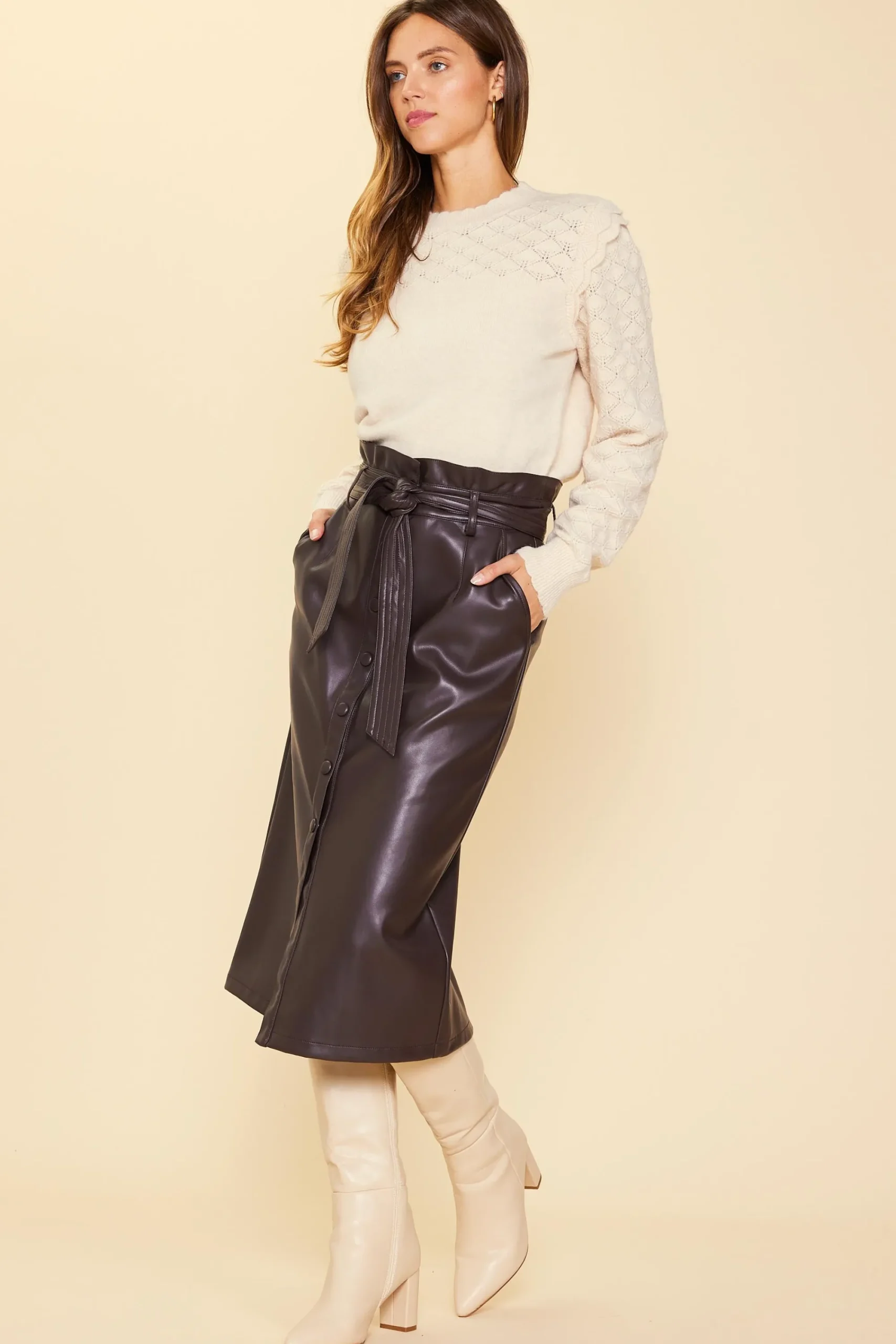 SKIES ARE BLUE Vegan Leather Front Tie Midi Skirt* Skirts