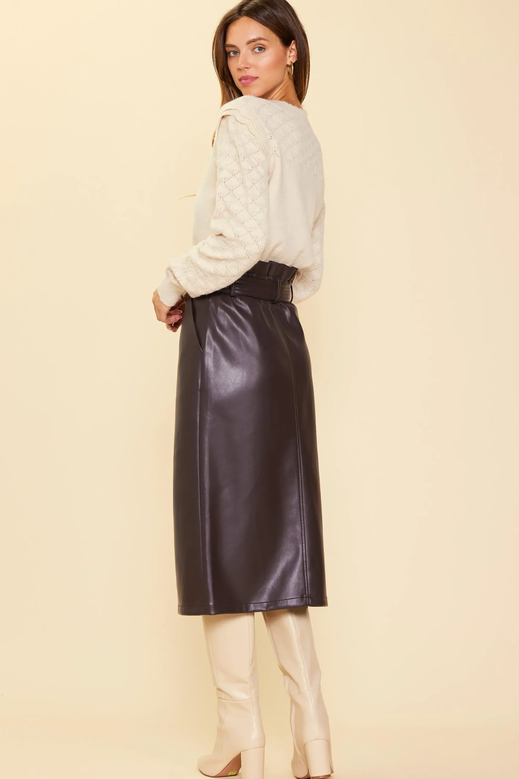SKIES ARE BLUE Vegan Leather Front Tie Midi Skirt* Skirts