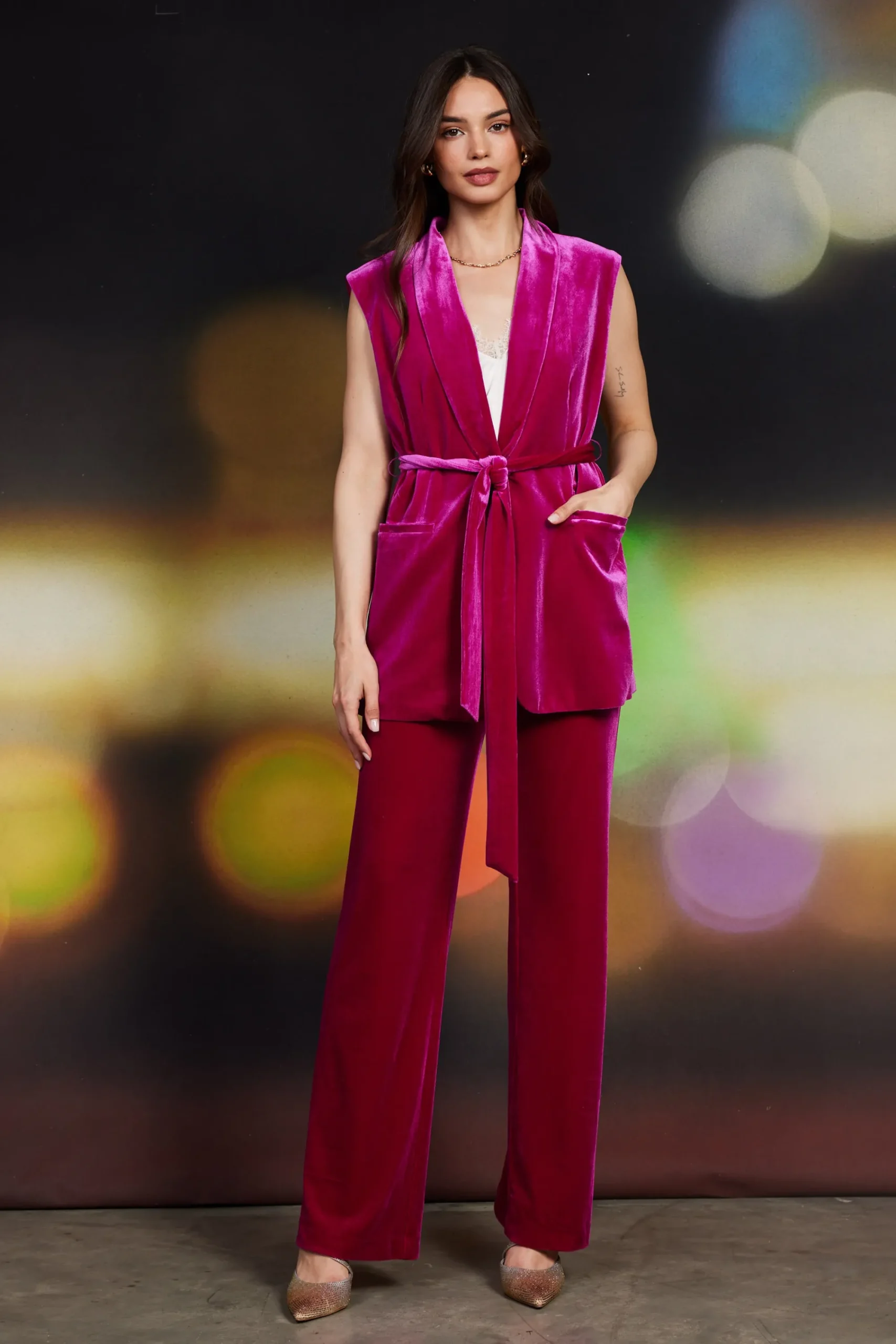 SKIES ARE BLUE Velvet Vest with Self Tie* Sleeveless Tops