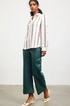 SKIES ARE BLUE Vertical Stripe Satin Button Down* Long Sleeve Tops