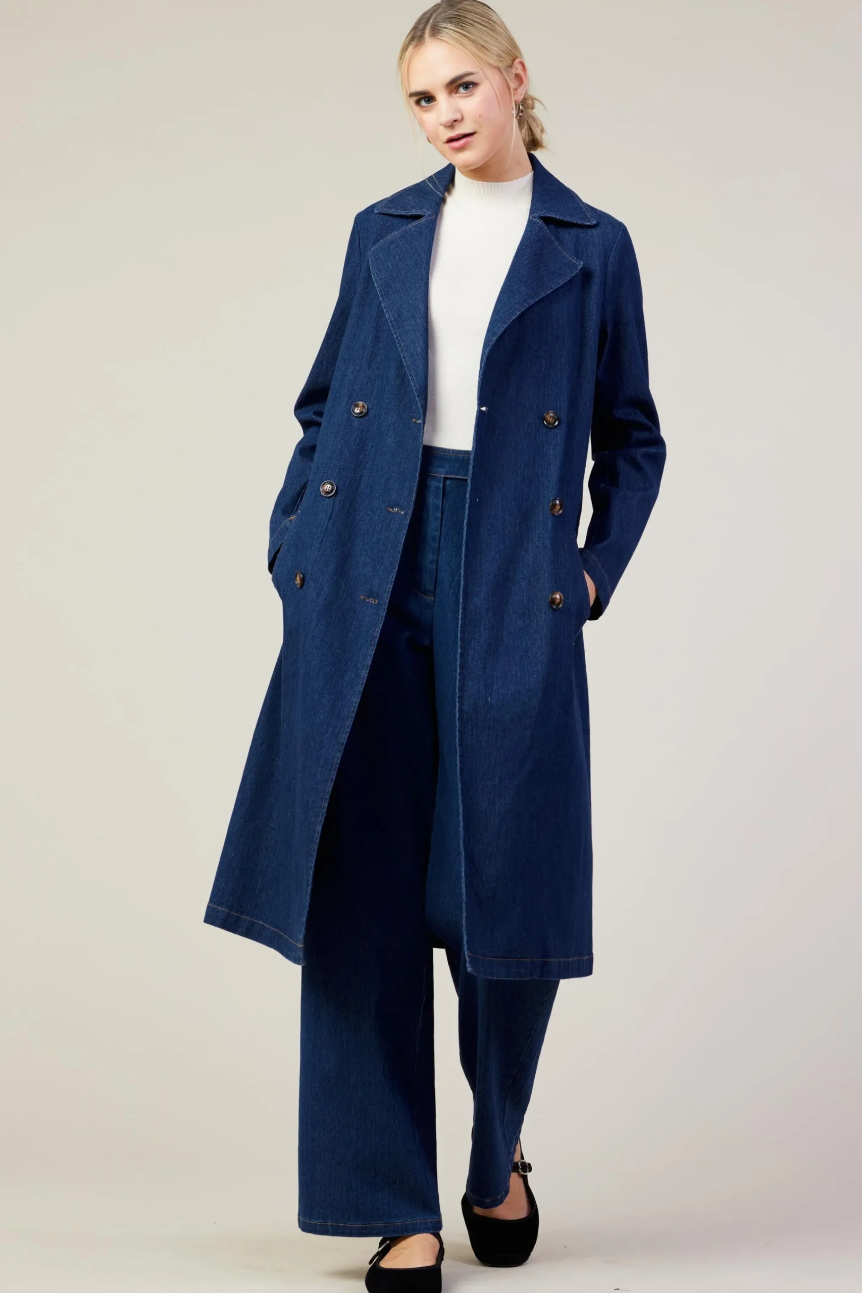 SKIES ARE BLUE Washed Denim Trench Coat* Outerwear