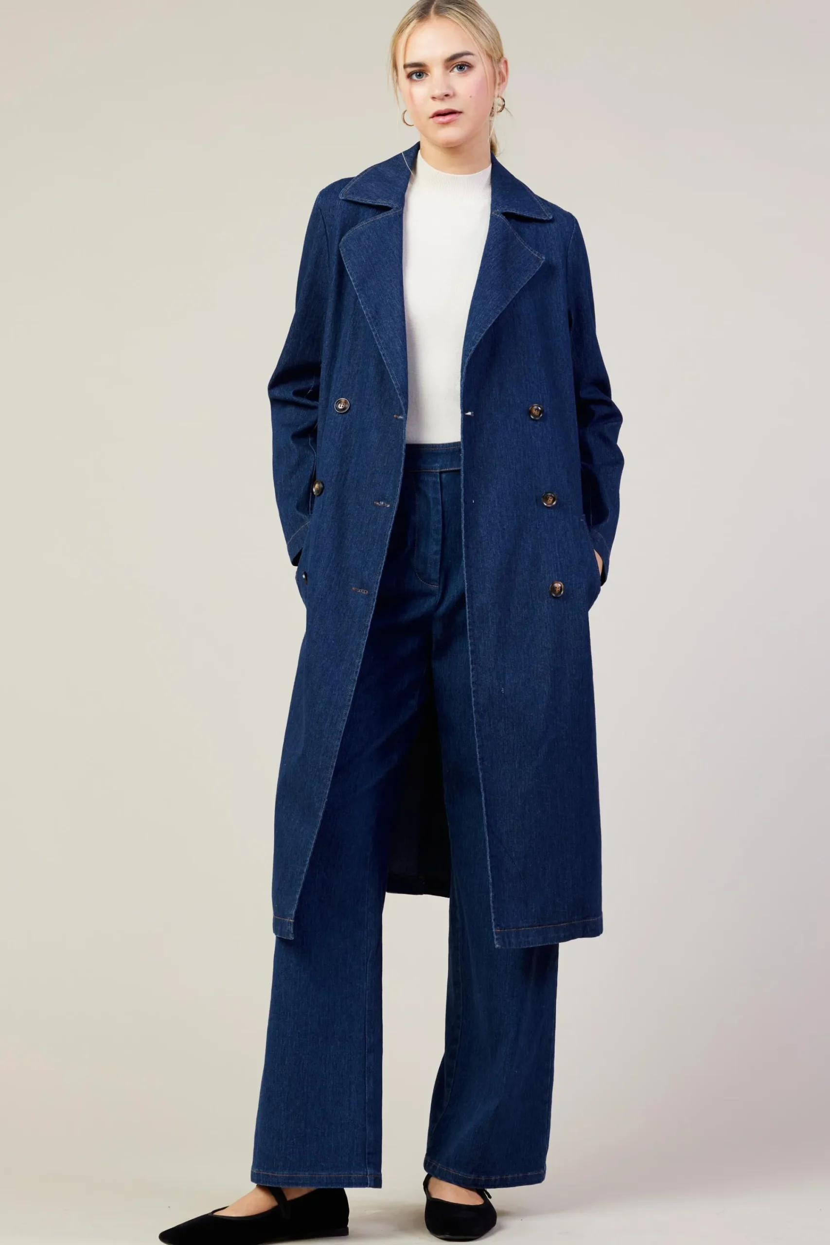 SKIES ARE BLUE Washed Denim Trench Coat* Outerwear